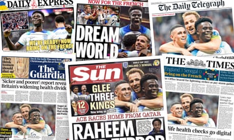 ‘Glee three kings’: what the UK papers say about England’s World Cup win against Senegal