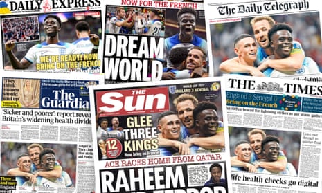 UK front pages from Monday 5 December 2022, including: The Express, The Mirror, The Telegraph, The Guardian, The Sun and The Times. 