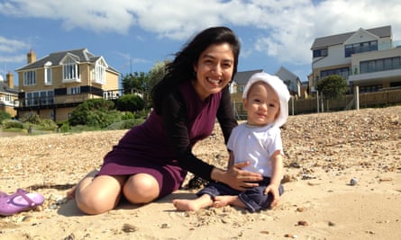 Tahmima Anam and infant son on the beach