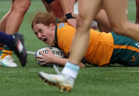 Brianna Hoy celebrates Australia’s third try