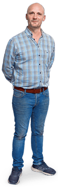 A bald man with facial hair in a white, blue and black check shirt.