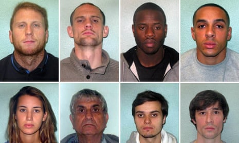 The gang ‘threatened innocent people with sledgehammers and axes to get to the goods’, said police. Top row, from left, Reece Dunford, David Mays, Vincent Kamara, Danny St Luce and, below, from left, Hollie Dowding, Yair Cohen, Patrick Spencer O’Brien and Boz Burbridge.