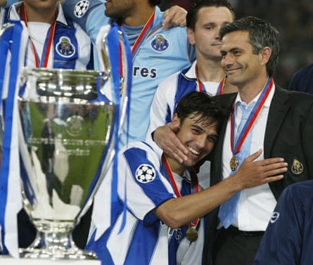 Porto’s Nuno Valente hugs his manager José Mourinho after winning the 2004 Champions League against Monaco.