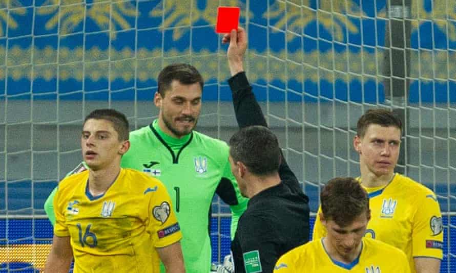 Ukraine’s Vitaliy Mykolenko sees red late in the game against Finland, also conceding a penalty that saw the visitors claim a 1-1 draw.