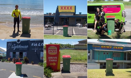 Six-image composite of a man posing with a wheelie bin at the beach, outside a liquor store, etc