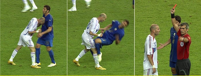 Zidane gets sent off for headbutting Marco Materazzi of Italy in the World Cup Final