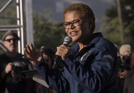 Karen Bass speaks at a prayer vigil on 10 June.