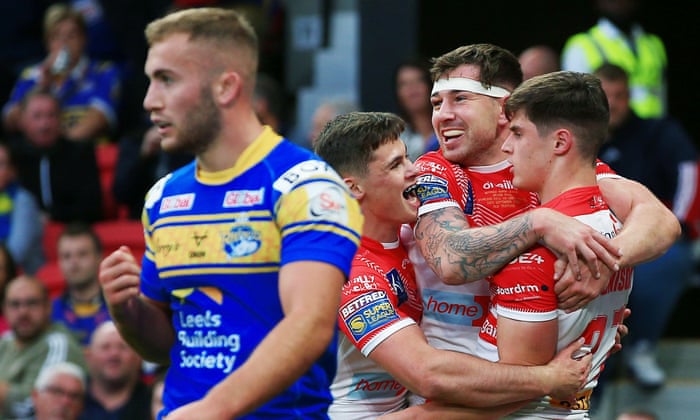 Joe Bennison of St Helens celebrates scoring his teams second try of the game.