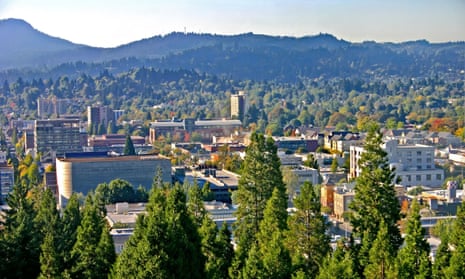 ‘A town of parks, trees and waterway.’ View from Skinner Butte of downtown Eugene, Oregon.