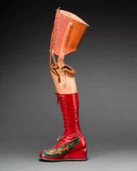 Kahlo’s prosthetic leg with leather boot of appliquéd silk with embroidered Chinese motifs.