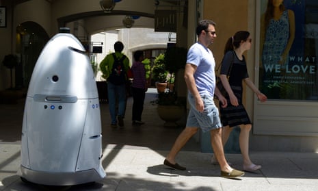 A security robot made by Knightscope patrolling the Stanford shopping center in Palo Alto, California
