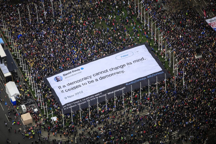 The banner bearing a David Davis quote was carried by thousands of marchers at the Put It To The People rally in Parliament Square.