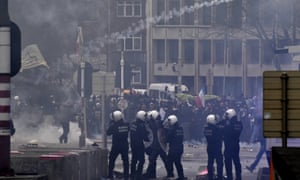 Police set off tear gas against protestors during a demonstration in Brussels.