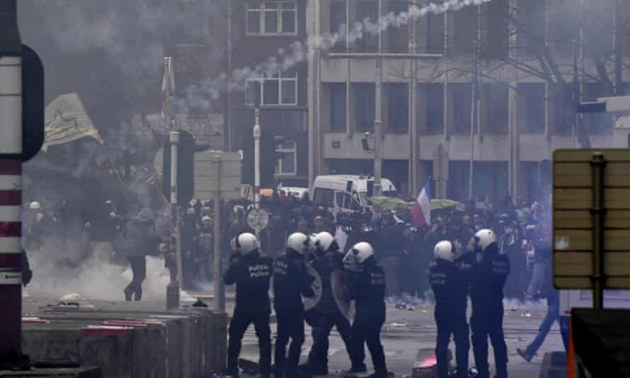 Police set off tear gas against protestors during a demonstration in Brussels.