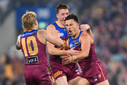 Hugh McCluggage celebrates kicking a goal for Brisbane