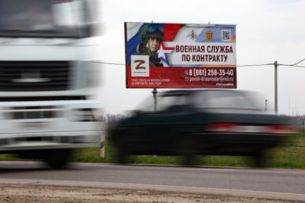 A billboard advertising ‘contract military service’ beside a highway outside Krasnodar, Russia