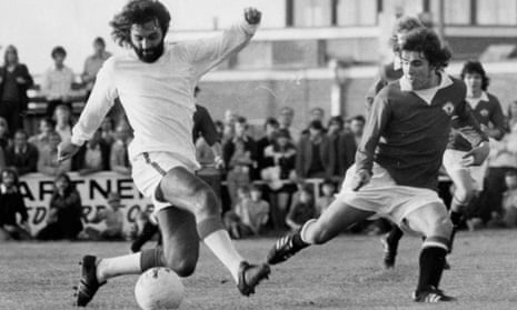 George Best plays for Dunstable Town against Manchester United reserves in 1974, just a few months after leaving Old Trafford. 