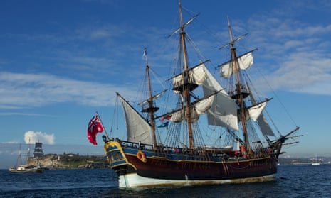 The replica of Captain Cook’s ship Endeavour arrives at Sydney Harbour in 2012. 