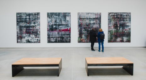 Four of Gerard Richter’s abstract compositions, which are based on photographs taken by inmates at Auschwitz. 