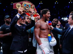 Anthony Joshua celebrates winning his match against Andy Ruiz Jr.