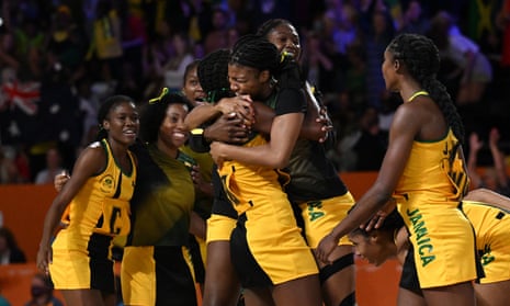 Jamaica celebrate their dramatic victory over Australia at Arena Birmingham.