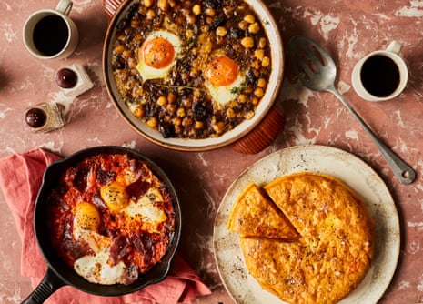 Peter Sanchez-Iglesias’ Spanish eggy brunches: eggs, morcilla, chickpeas (top), cheat’s tortilla (bottom right), and huevos a la Flamenca.