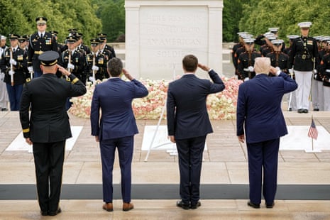 Donald Trump and Defense Secretary Pete Hegseth salute by the Tomb of the Unknown Soldier, during ceremonies in commemoration of the Memorial Day holiday, at Arlington National Cemetery in Arlington.