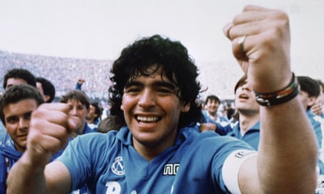 Diego Maradona celebrates after inspiring Napoli to their first Italian title in 1987.