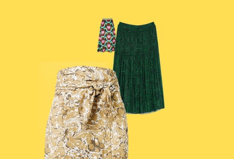 A composite photograph of three printed skirts