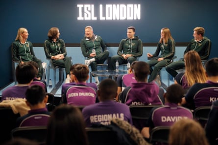 Members of the London Roar team, including Cate Campbell and Adam Peaty, do a question and answer session for a local club that had to cancel its usual training time in the pool to make room for the Roar training before the International Swimming League meeting.