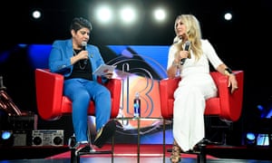 BeautyCon Media’s chief executive, Moj Mahdara, speaks to Anastasia Soare during BeautyCon festival 2019 in LA