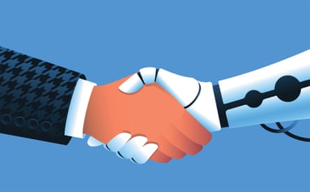 Illustration of someone in suit shaking hands with a robot