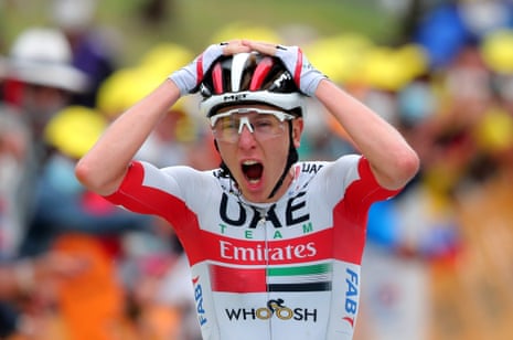 Tadej Pogacar celebrates his first ever Tour stage win at Laruns in 2020. Today’s stage follows much the same route.