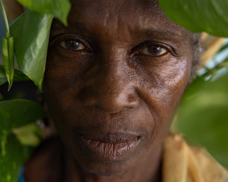 a woman's face looks out from among leaves