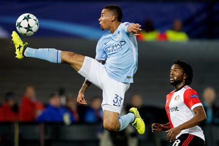 Jesus acrobatically controls the ball during Manchester City’s 4-0 Champions League win over Feyenoord.