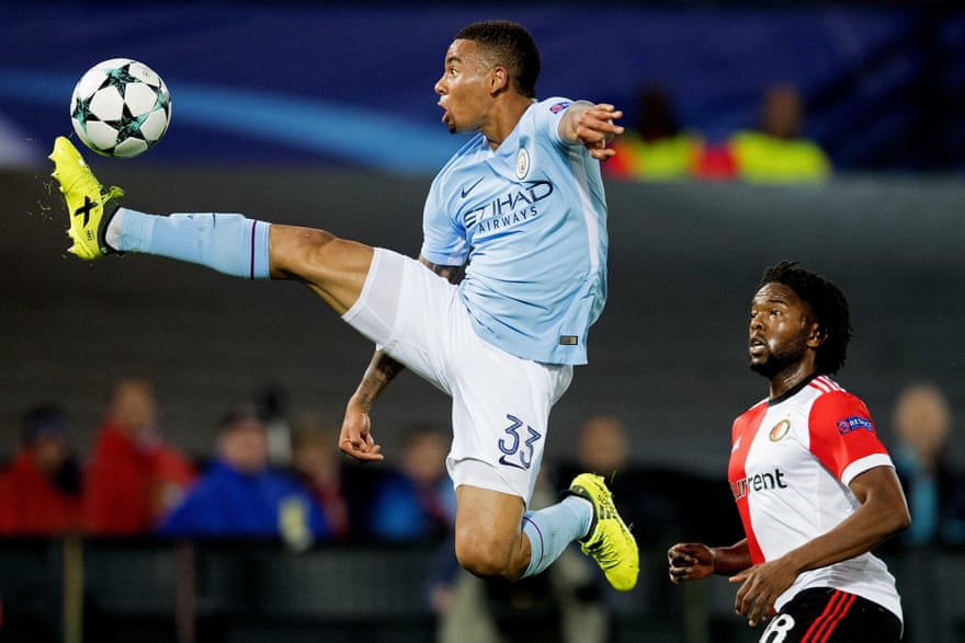 Jesus acrobatically controls the ball during Manchester City’s 4-0 Champions League win over Feyenoord.