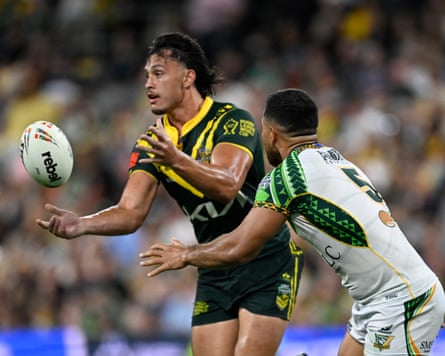 Tino FaâÂÂasuamaleaui enjoys a night for the Kangaroos against Cook Islands in Townsville