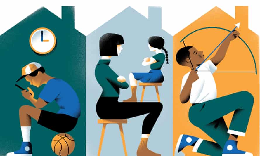 Illustration d'un garçon assis sur le basket-ball en regardant son téléphone, une femme avec une jeune fille sur un tabouret sur ses genoux et un garçon tirant un arc et une flèche