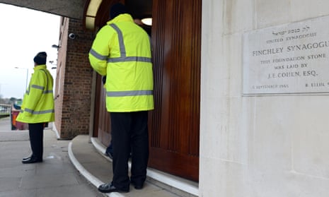 Security at a synagogue in north London. A large increase in anti-Jewish hate incidents has been recorded nationwide.
