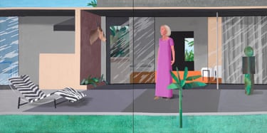 Beverly Hills Housewife, 1966-67Hockney’s close friend Betty Freeman was an art collector. He came to paint her pool but decided to portray her instead, giving the work its tongue-in-cheek title. Freeman’s striking pink dress instantly draws the eye while other elements – zebra-print Corbusier chair, abstract sculpture and antelope head – add to the opulent, tasteful, mid-century atmosphere. The flattened California light became a staple of the artist’s LA paintings. When Freeman died, the work was auctioned for $7.9m, then a record for a Hockney.