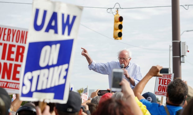 Bernie Sanders visiting striking United Auto Workers union members in Detroit in September 2019.