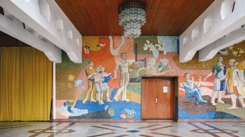 Hotel lobby with colourful soviet mosaics