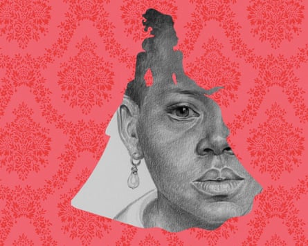 A drawing of a young enslaved boy with a pearl earring (symbolising enslavement) in a silhouette of a rich lady circa 1700’s. Dark pink background