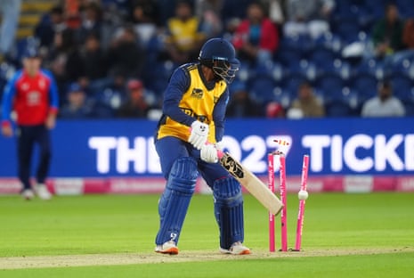 Sri Lanka's Kamindu Mendis is bowled by England's Jamie Overton