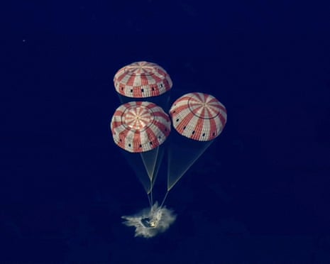 The Artemis II Orion capsule splashes down in the Pacific Ocean, on Friday, 10 April 2026.