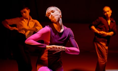 Shadowy atmosphere … Simone Damberg Würtz dances with Juan Gil and Alex Akapohi.