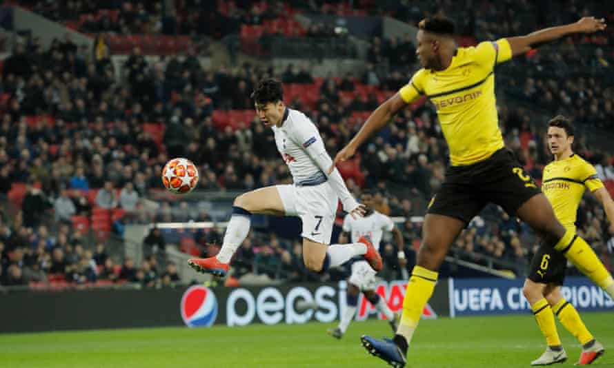 Son Heung-min scores Tottenham’s first goal against Borussia Dortmund in the Champions League last-16 first leg. Spurs are through to the quarter-finals.