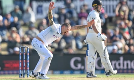 England's Brydon Carse celebrates taking the wicket of New Zealand's Glenn Phillips