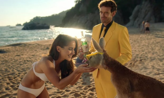  Ellie Gonsalves, the kangaroo and the 'Yellow Tail Guy' in an ad that made its debut during the Super Bowl. Photograph: YouTube  