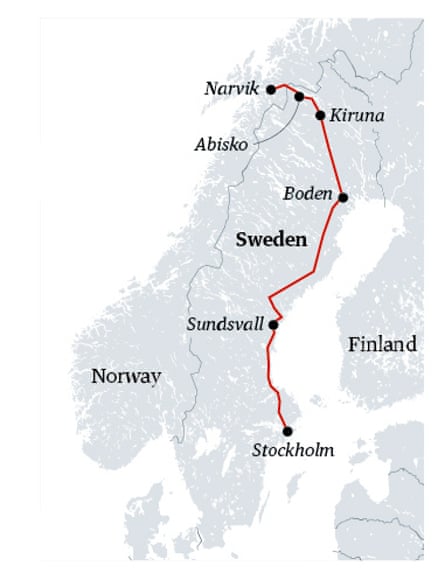 Rail map Stockholm to Abisko, Sweden